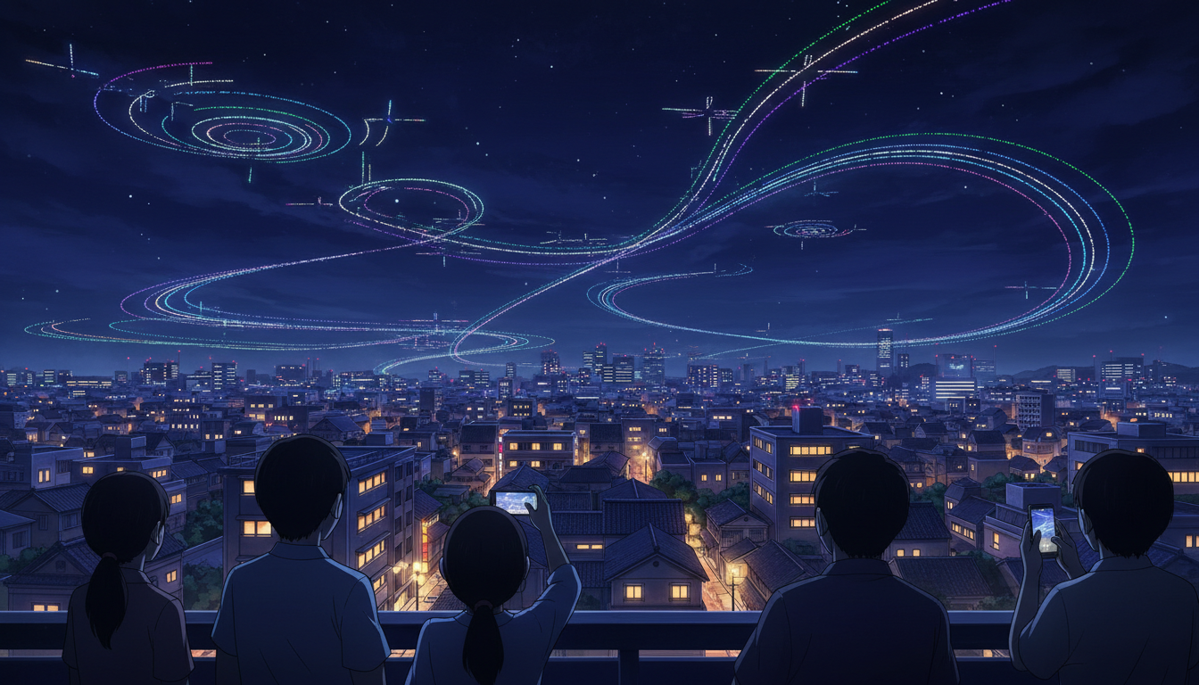 夜空に光の軌跡を描くドローンショーを見上げる人々