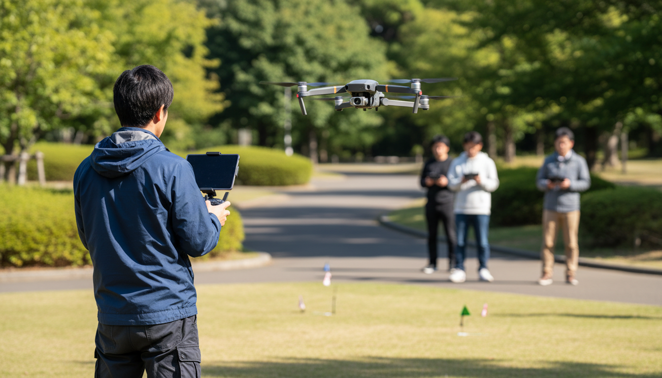 ドローンを操縦する日本人パイロットの後ろ姿