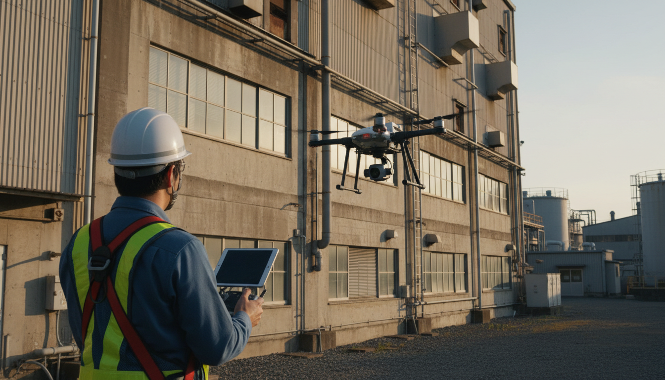 ドローンで点検作業を行う日本人パイロットの後ろ姿