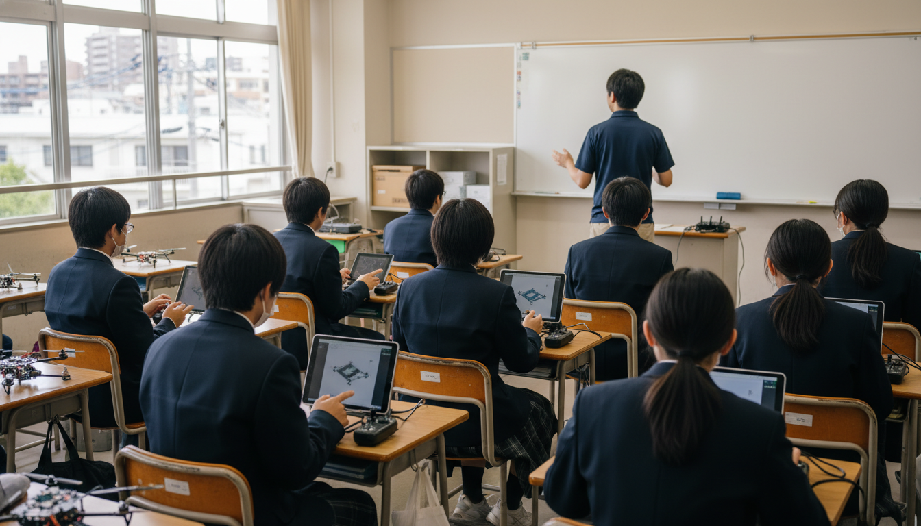 ドローンスクールで講習を受ける日本人受講者の後ろ姿