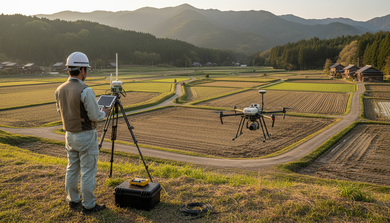 ドローンで測量を行う日本人技術者の後ろ姿