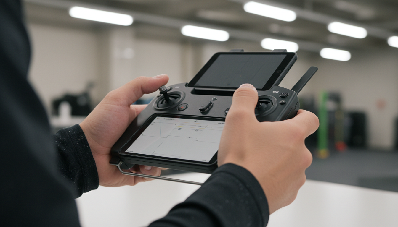 ドローン操縦の訓練を行う日本人の手元