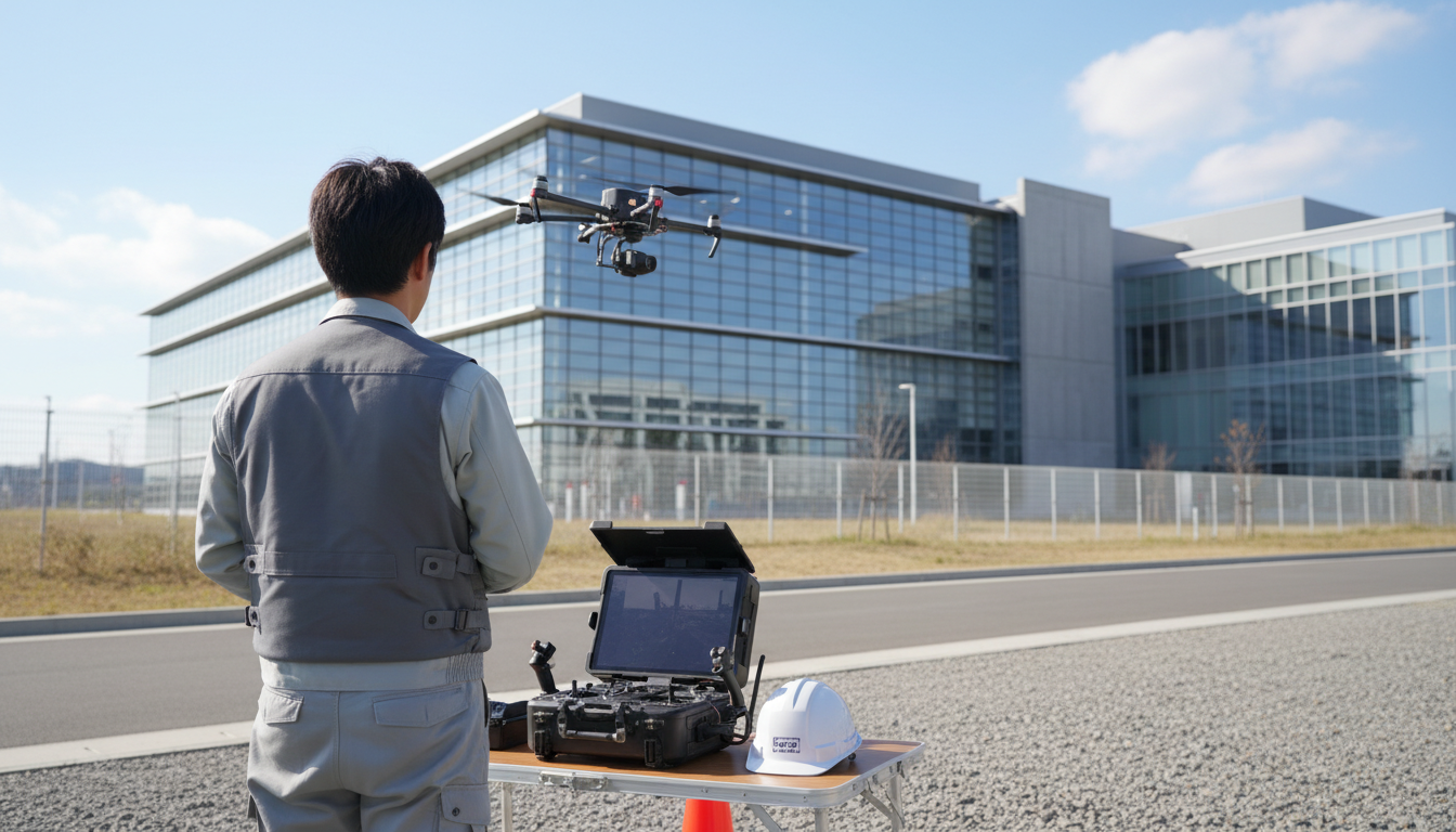 屋外で点検作業を行うドローン操縦者の後ろ姿