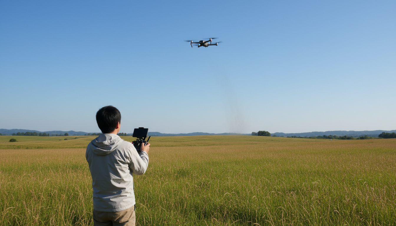 屋外でドローンを操作する練習をする日本人操縦者の後ろ姿